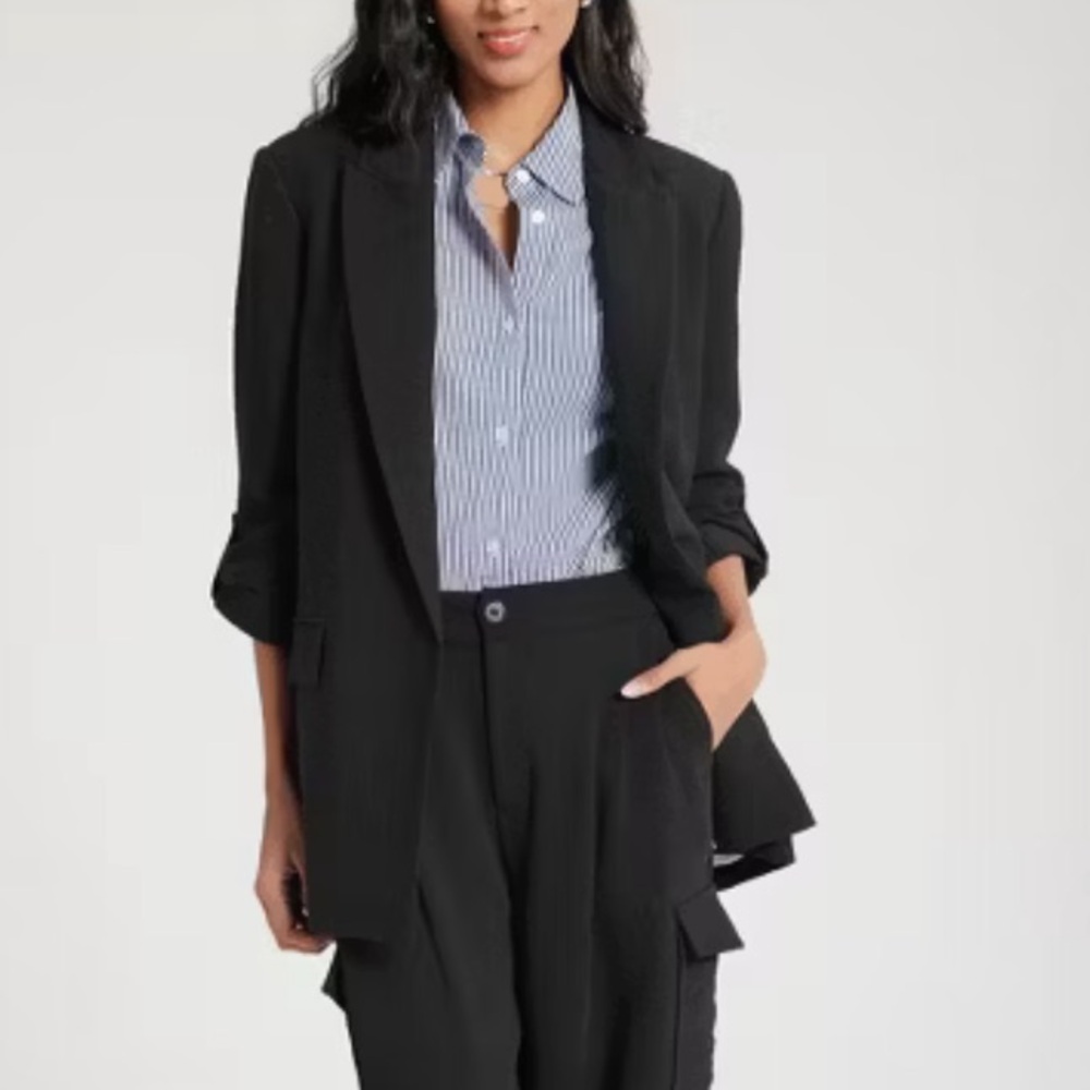 NWT A New Day Women’s Rolled Up Sleeve Blazer Rayon Linen Blend Black Size S